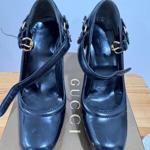 Gucci Black Leather Mary Jane Heels with Gold Buckles